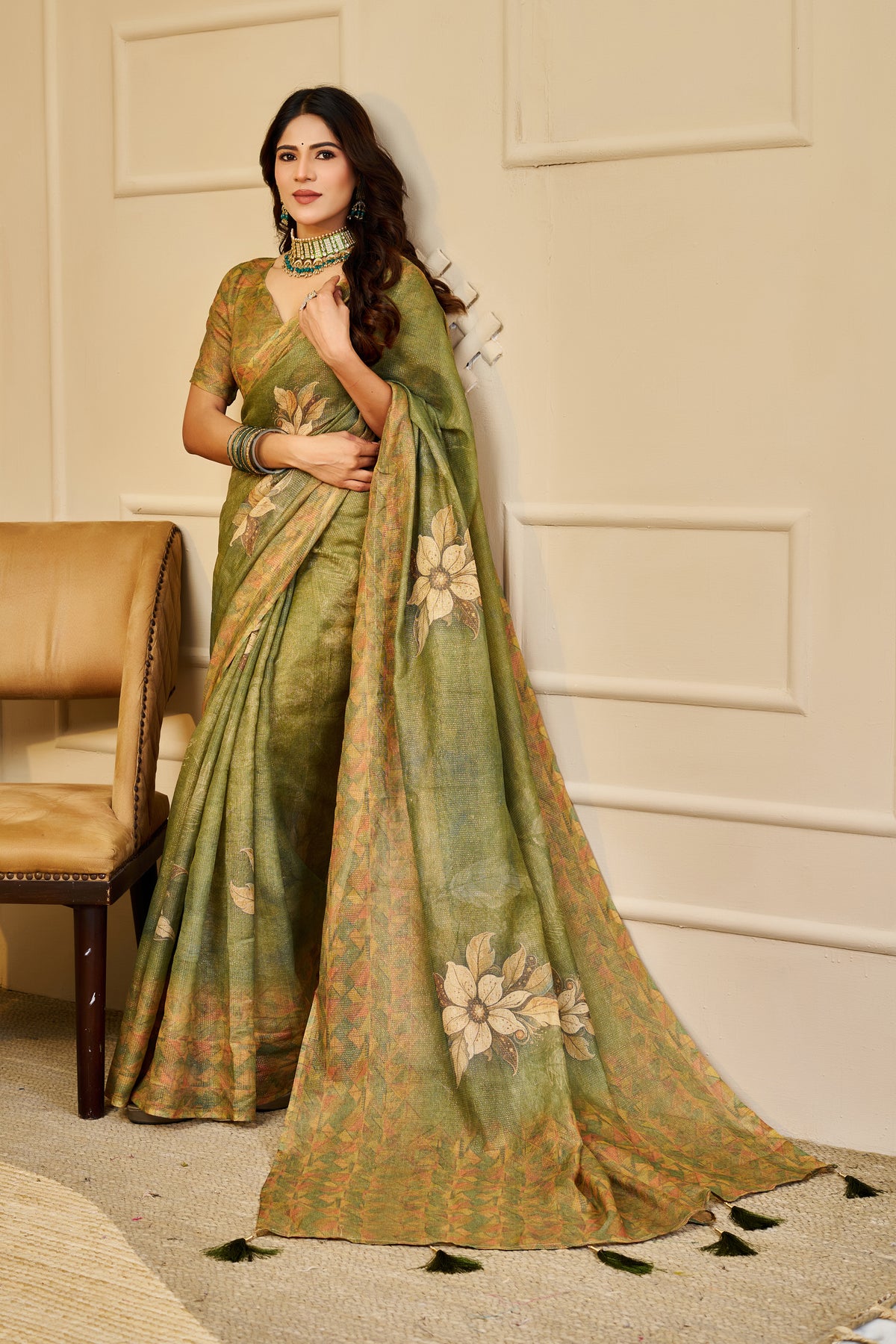 Olive Green Tissue Handloom Cotton Saree With Floral Prints for Women
