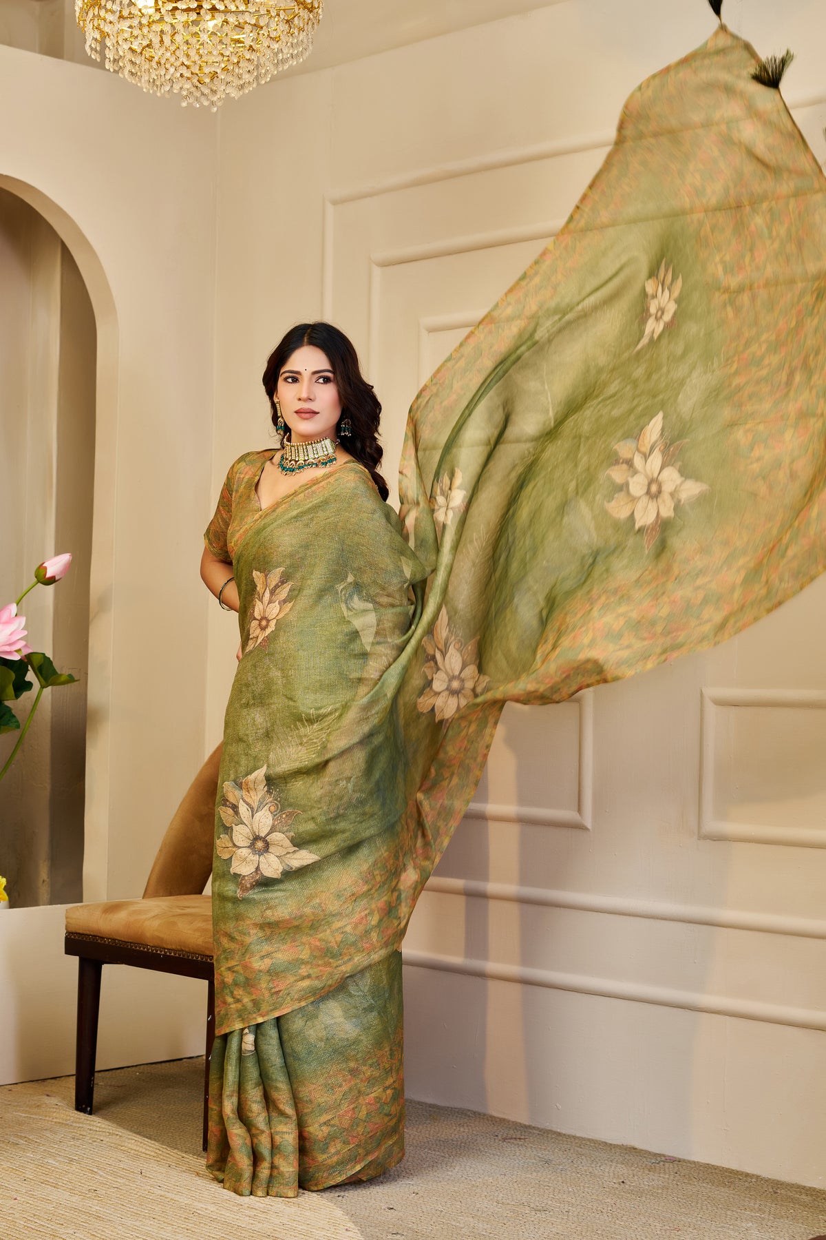 Olive Green Tissue Handloom Cotton Saree With Floral Prints for Women