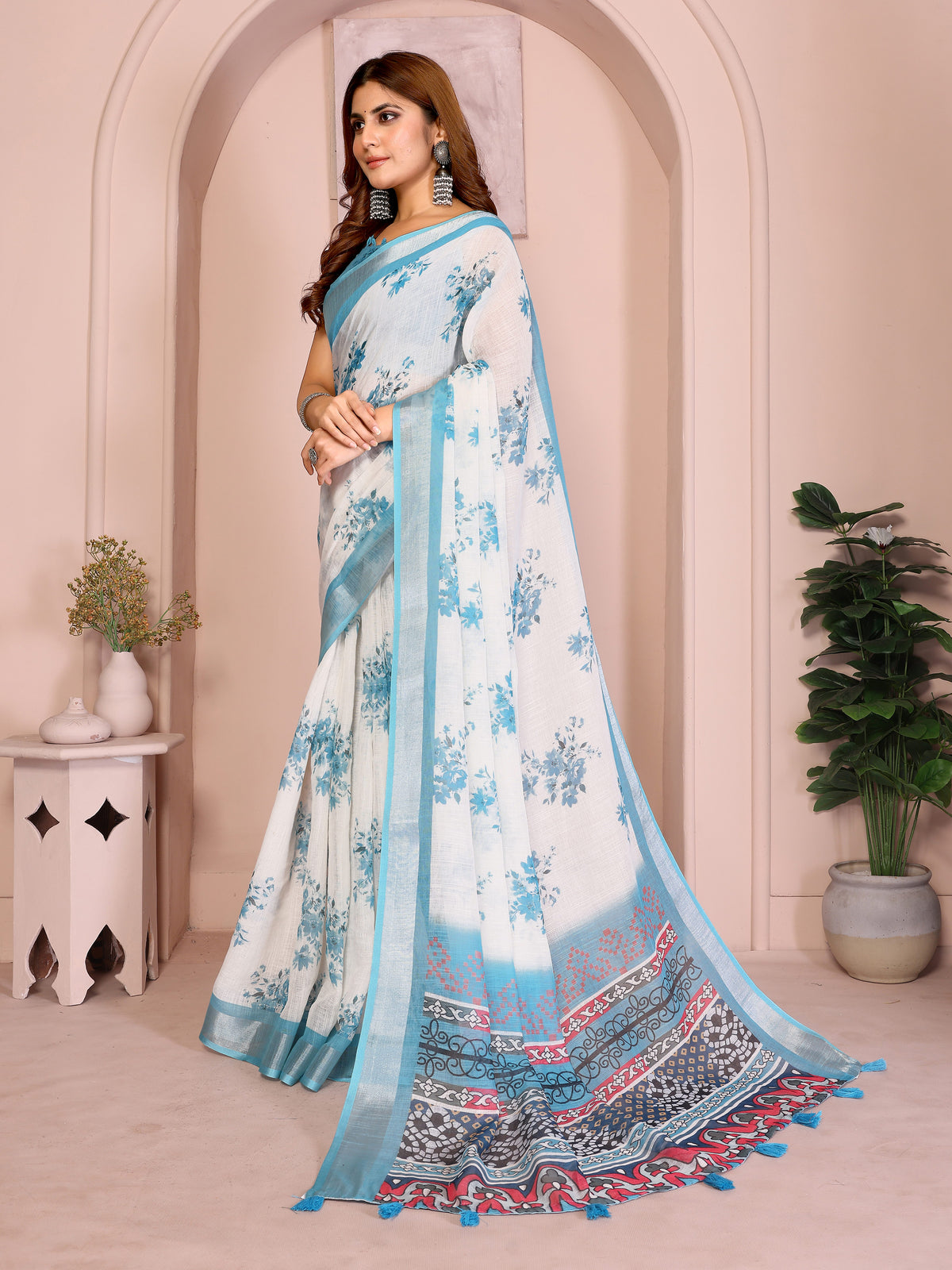 Cream & Blue Floral Linen Cotton Saree with Contrast Border 2