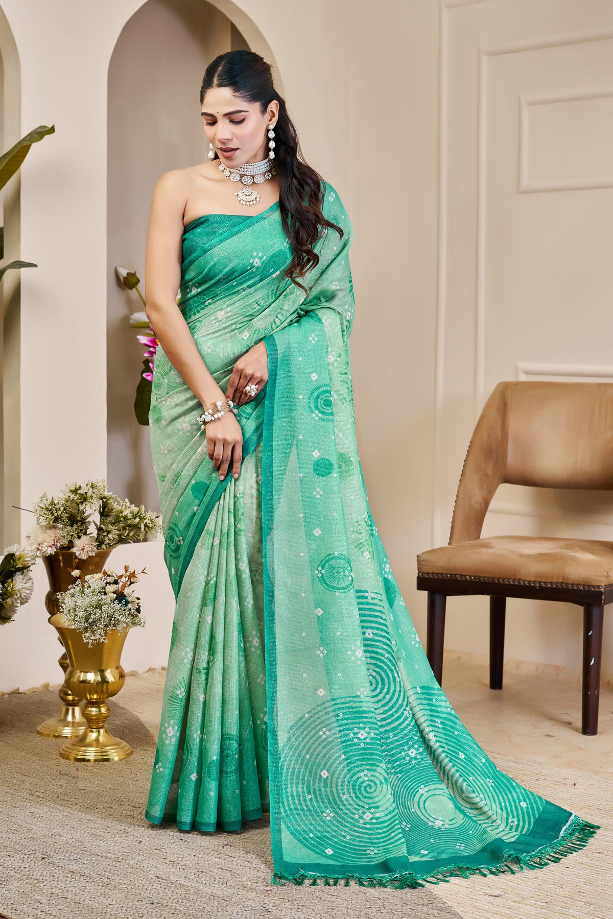 Sea Green Tissue Handloom Cotton Saree With Floral Patterns for Women