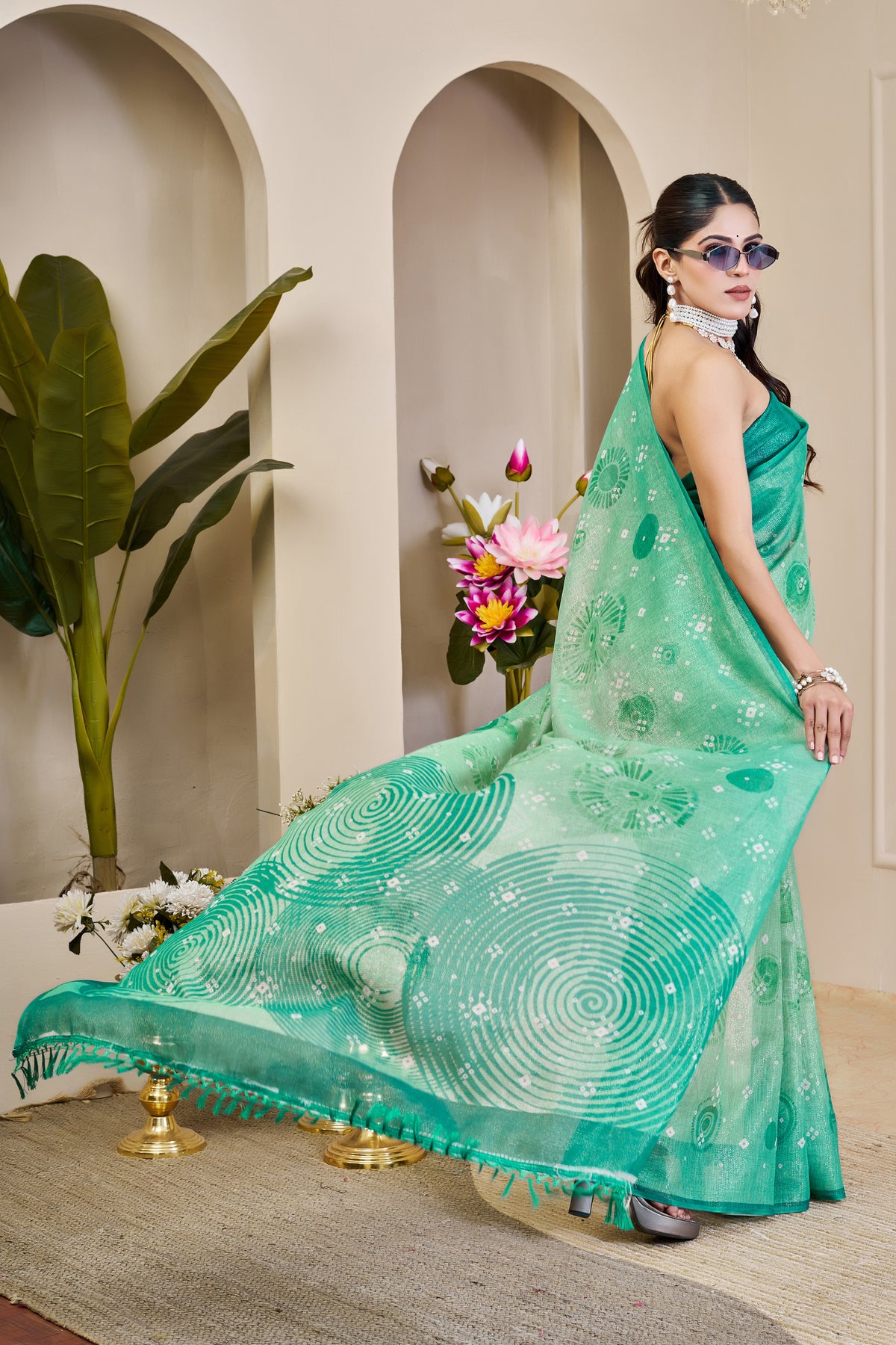 Sea Green Tissue Handloom Cotton Saree With Floral Patterns for Women
