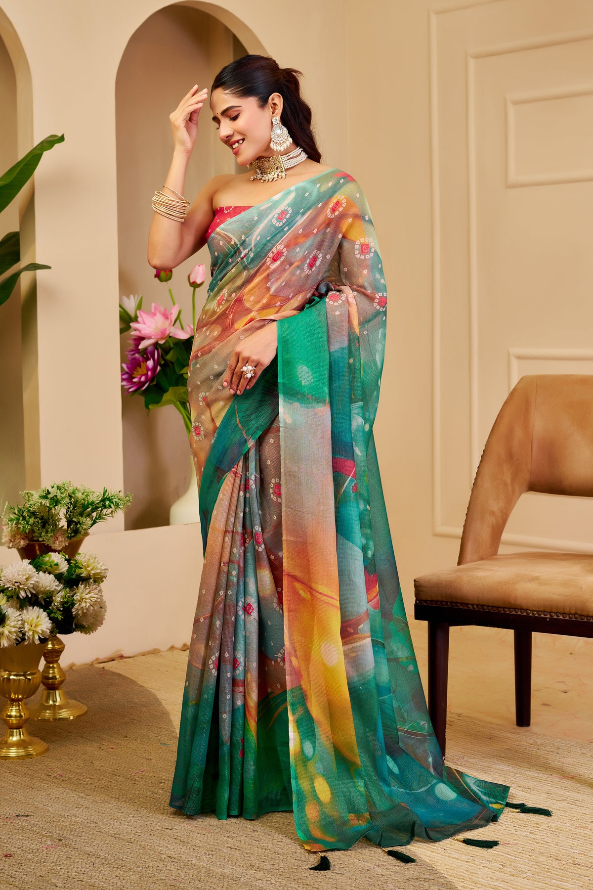 Emerald Green Tissue Cotton Saree With Digital Floral Print for Women