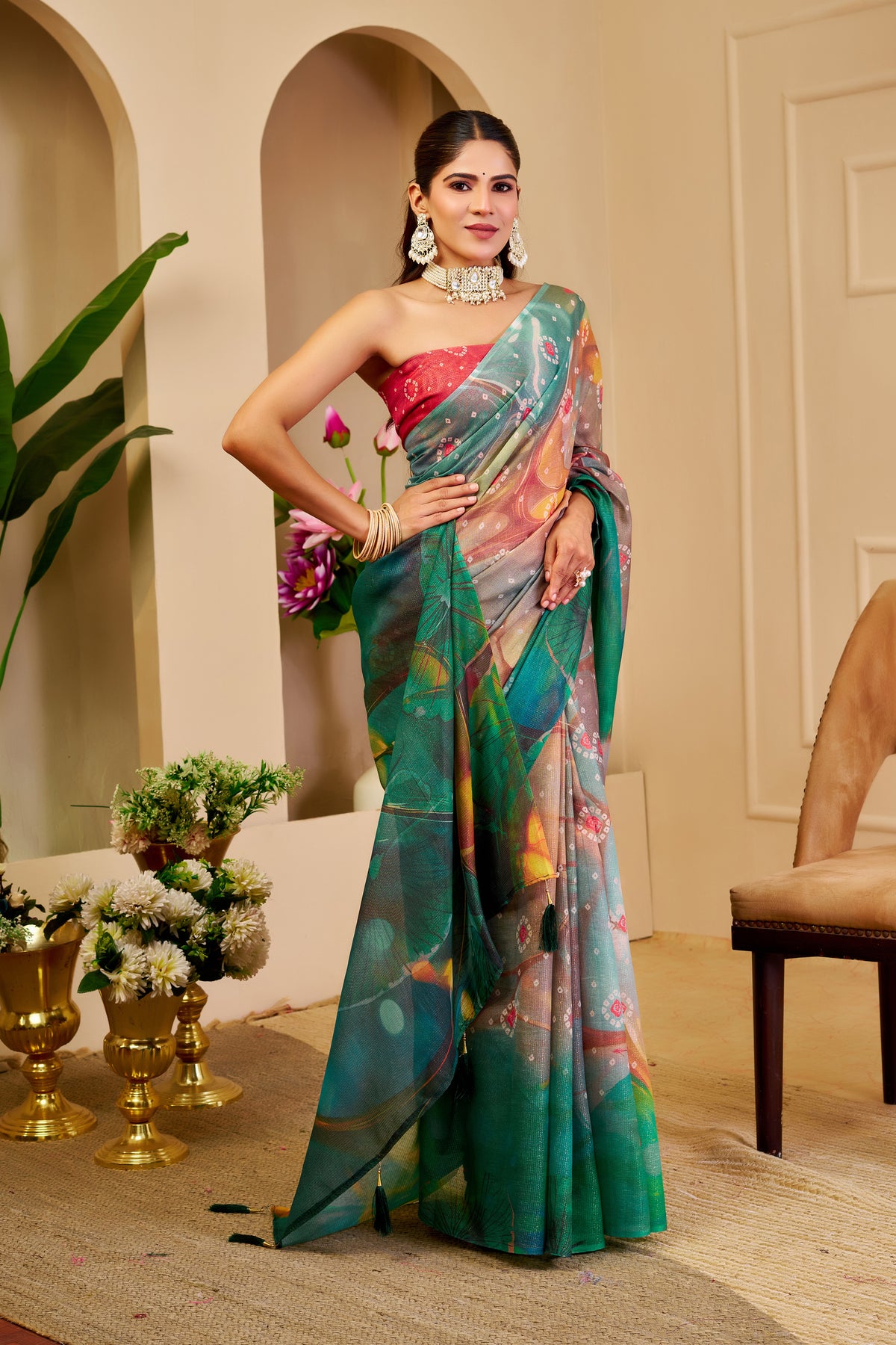 Emerald Green Tissue Cotton Saree With Digital Floral Print for Women
