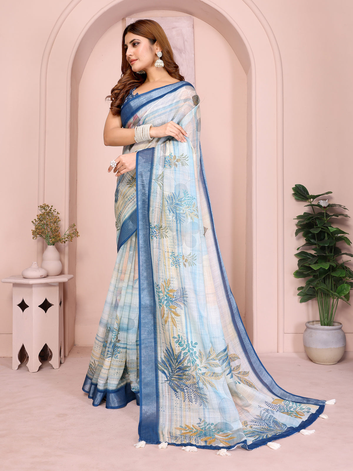 Cream & Blue Floral Linen Cotton Saree with Contrast Border for Women