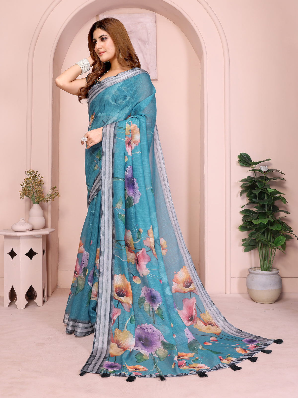 Teal Floral Linen Cotton Saree with Elegant Contrast Border 2