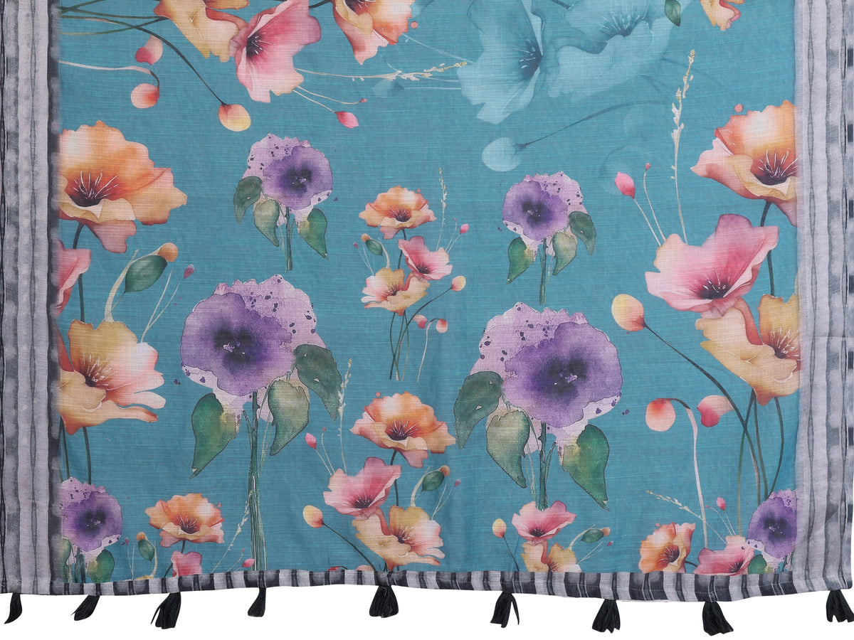 Teal Floral Linen Cotton Saree with Elegant Contrast Border 2