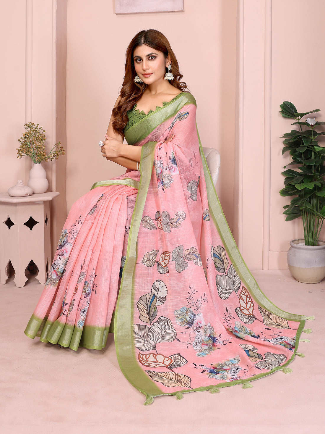 Pink Floral Linen Cotton Saree with Green Border for Ladies for Women