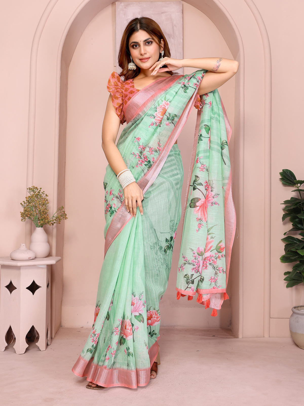 Mint Green Floral Linen Cotton Saree with Pink Border Style for Women