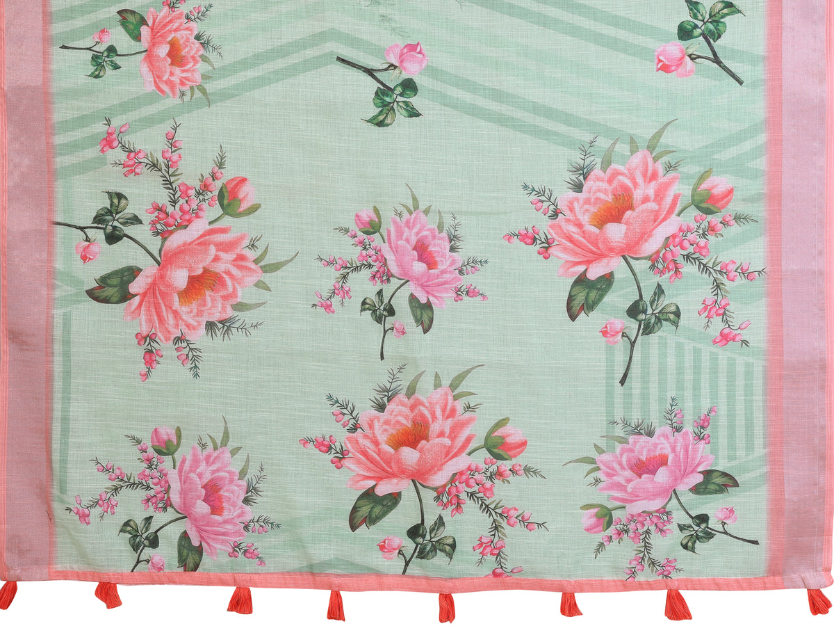 Mint Green Floral Linen Cotton Saree with Pink Border Style for Women