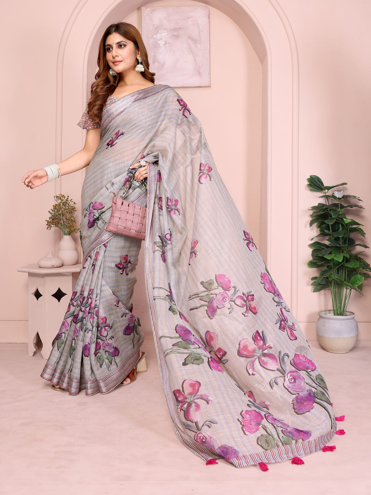 Grey Blue Floral Linen Cotton Saree with Floral Blue Border for Women