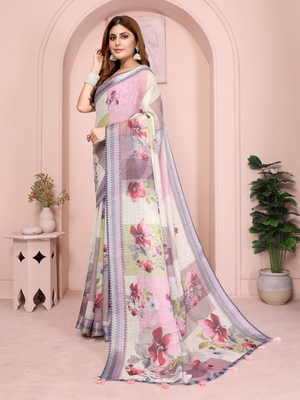 Lavender Floral Linen Cotton Saree with Elegant Blue Border for Women