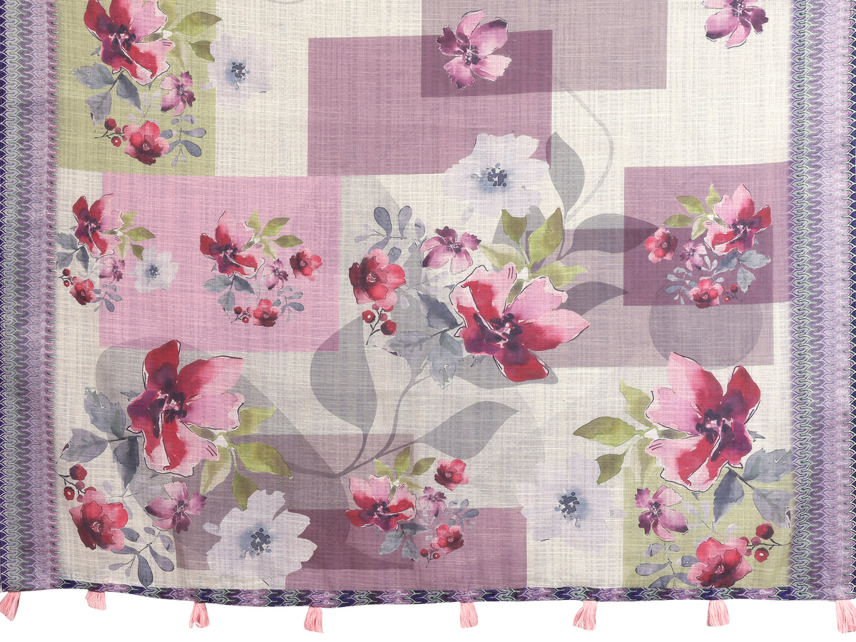 Lavender Floral Linen Cotton Saree with Elegant Blue Border for Women