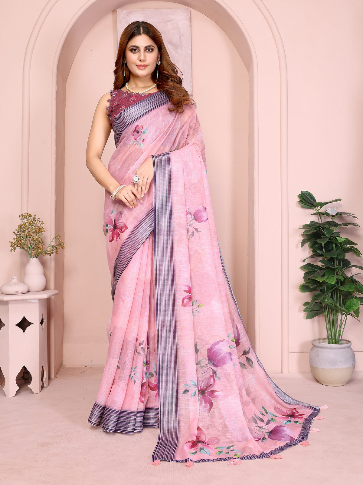 Pink Floral Linen Cotton Saree with Elegant Contrast Border for Women
