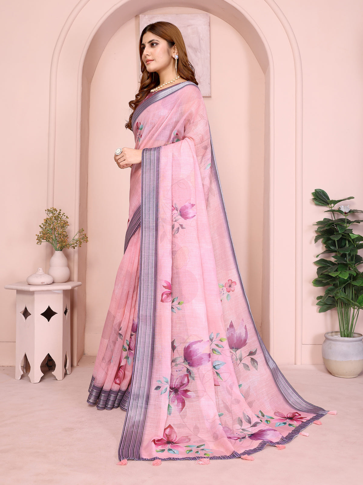 Pink Floral Linen Cotton Saree with Elegant Contrast Border for Women