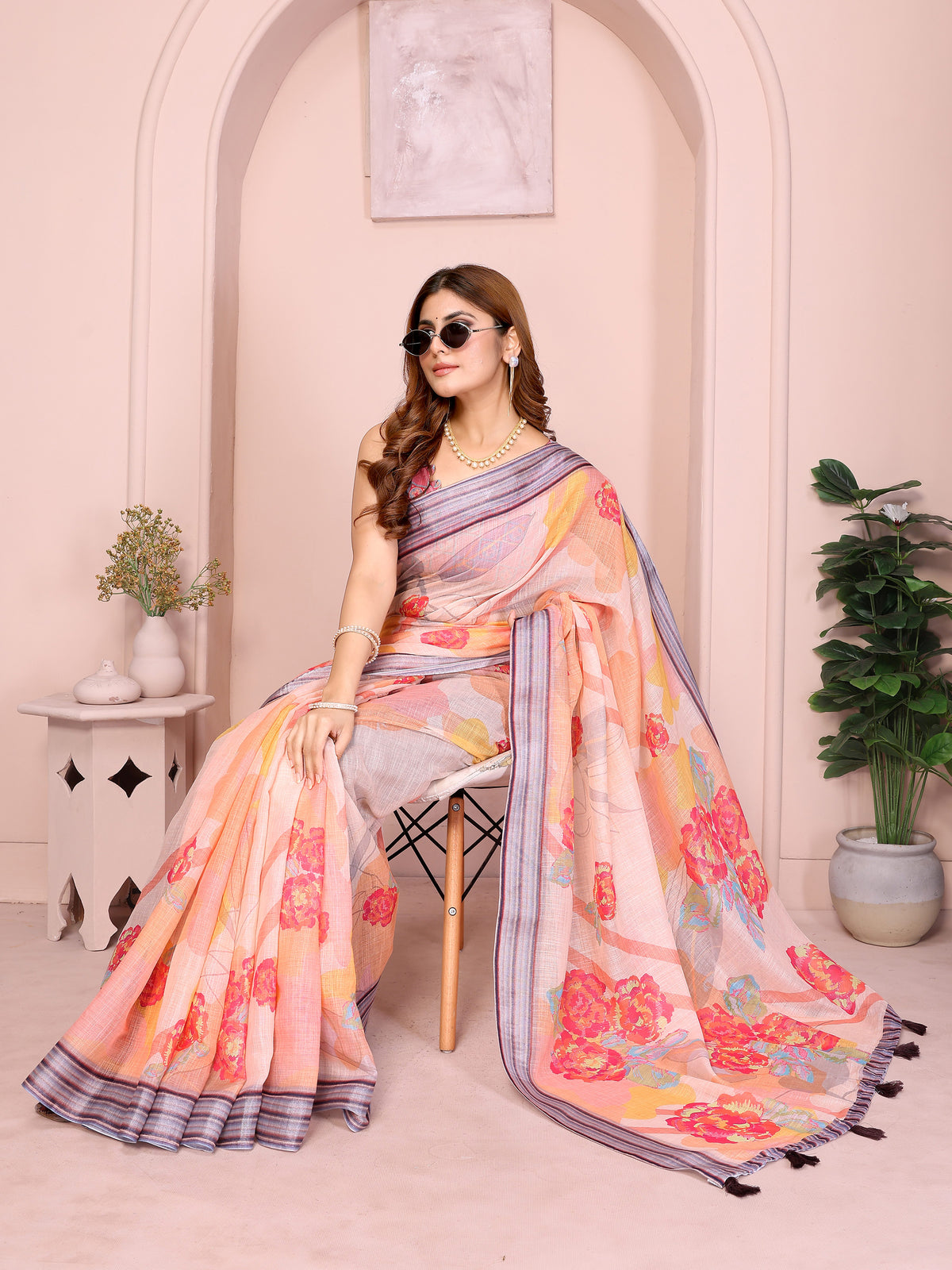 Peach Floral Linen Cotton Saree with Beautiful Blue Border for Women