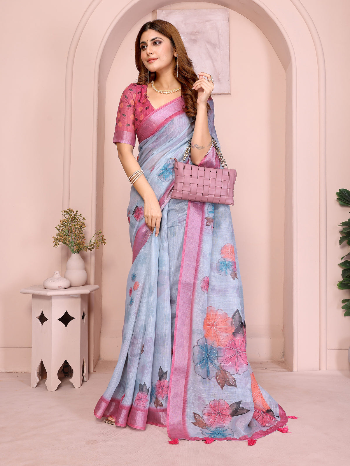 Pink & Blue Floral Linen Cotton Saree with Contrast Border! for Women