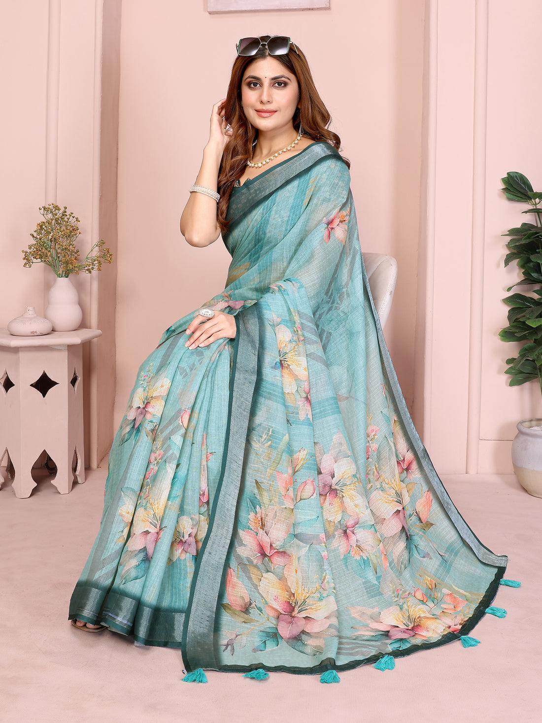 Teal Floral Linen Cotton Saree with Elegant Contrast Border for Women