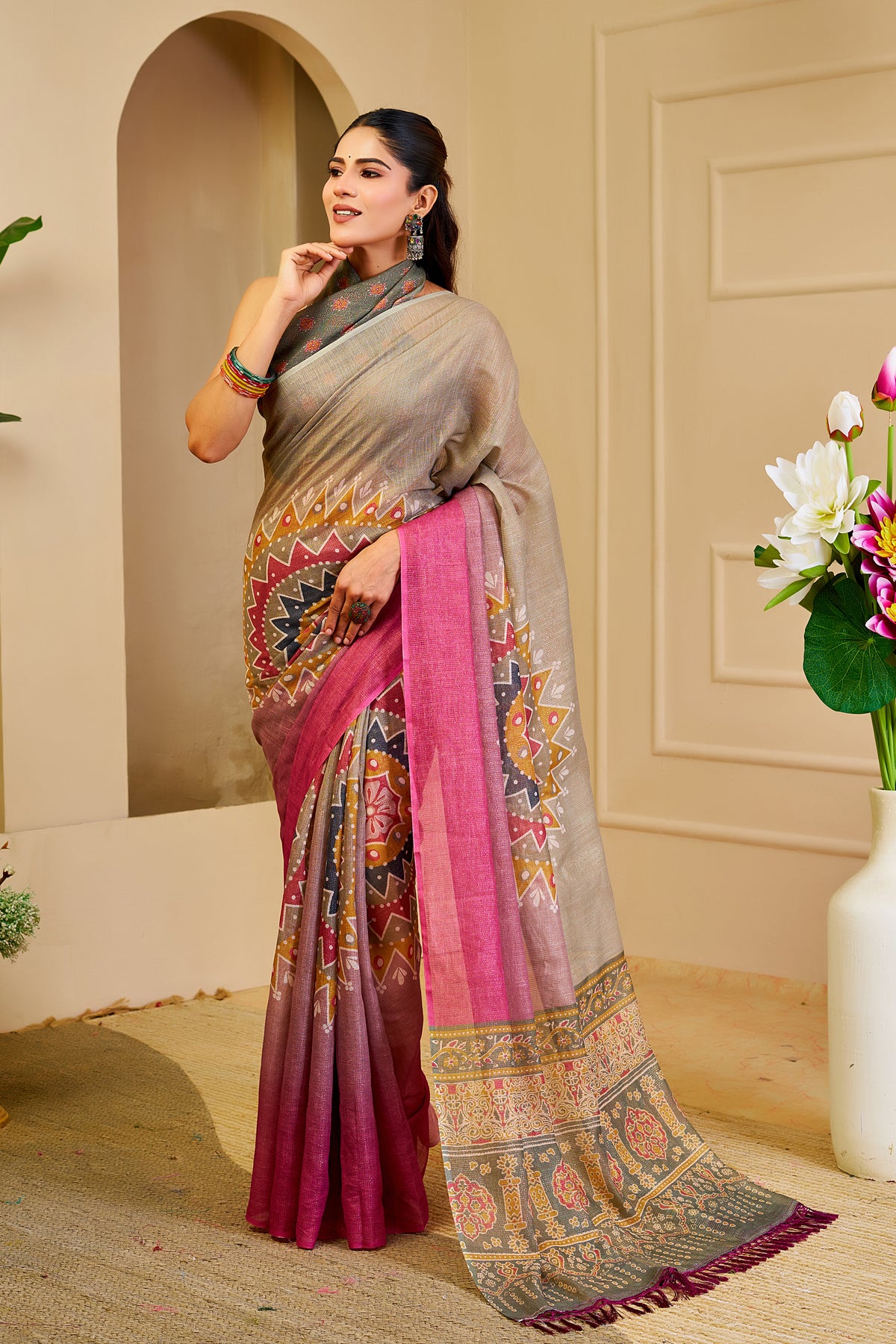 Teal Green Tissue Handloom Cotton Saree With Printed Pallu for Women