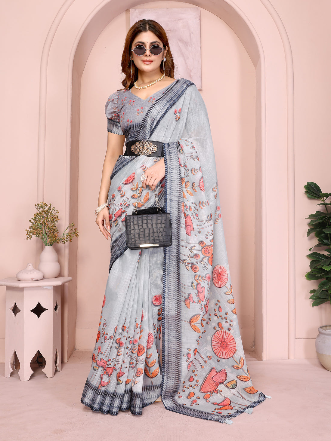 Grey Floral Linen Cotton Saree with Distinctive Blue Border for Women
