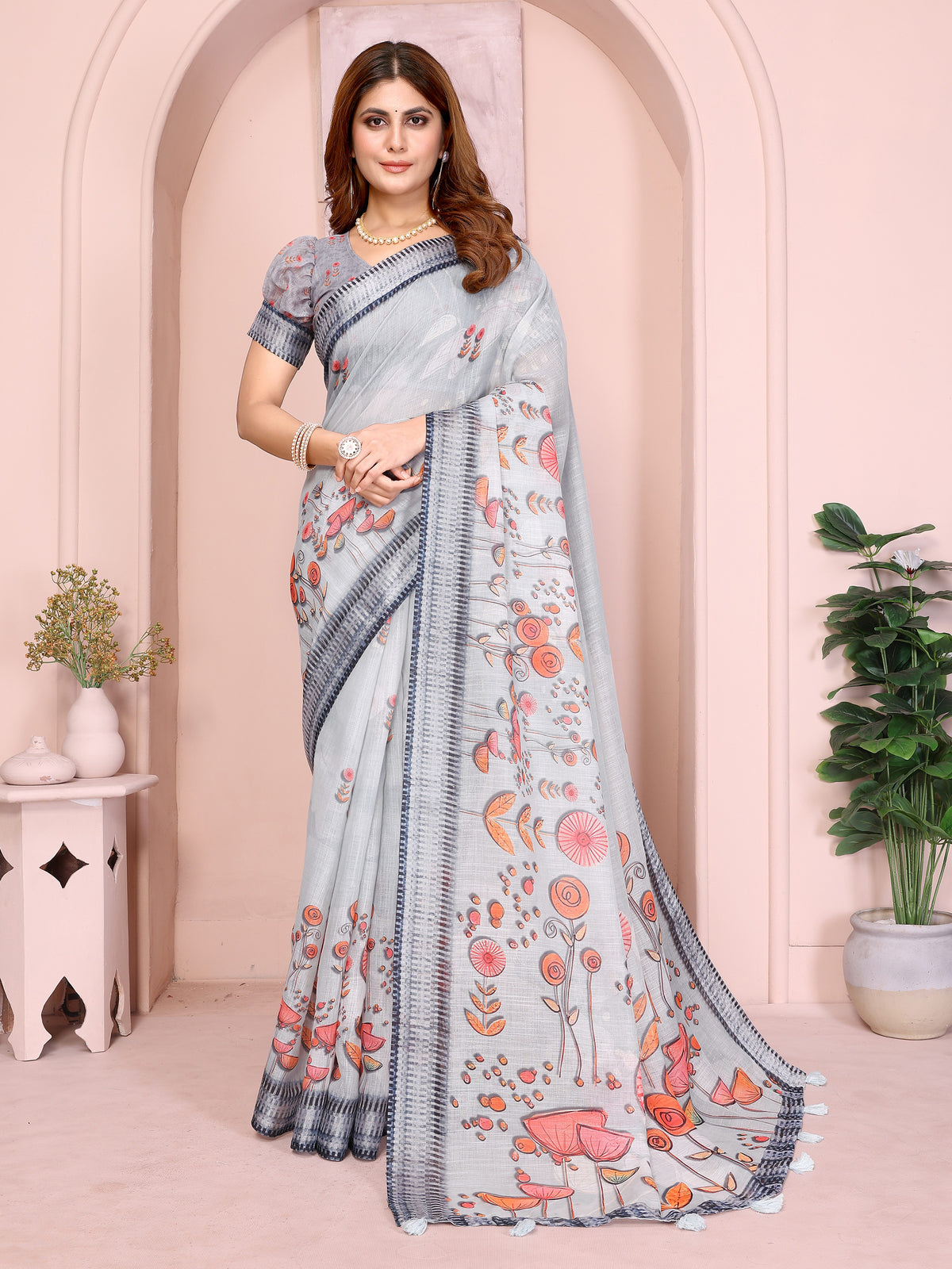Grey Floral Linen Cotton Saree with Distinctive Blue Border for Women