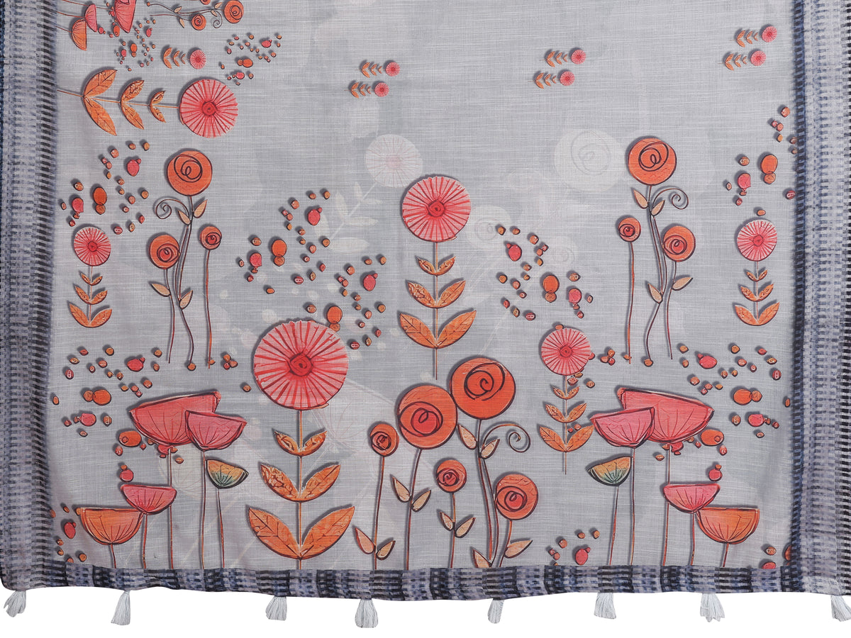 Grey Floral Linen Cotton Saree with Distinctive Blue Border for Women