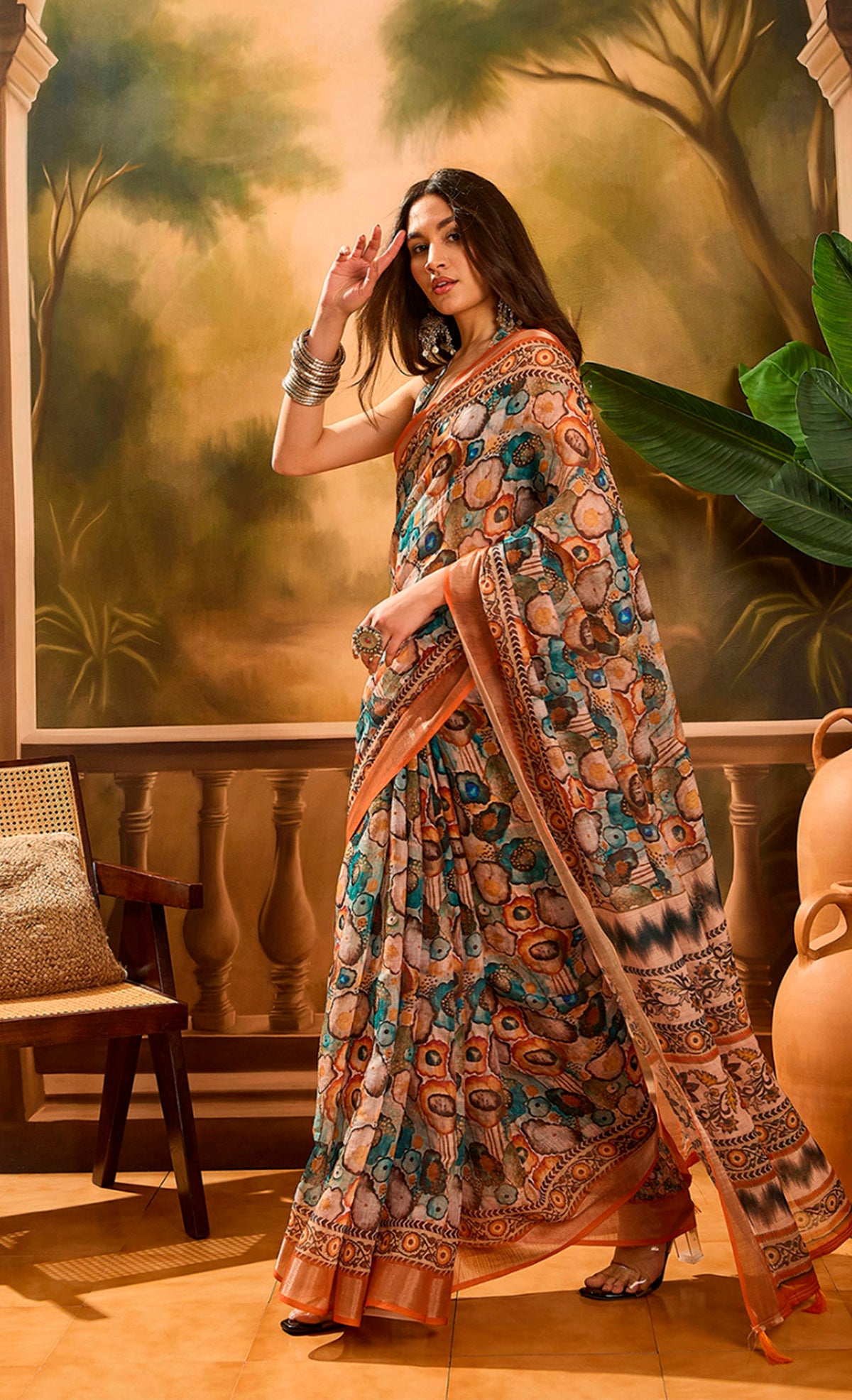Peach Floral Linen Cotton Saree with Statement Blue Border! for Women