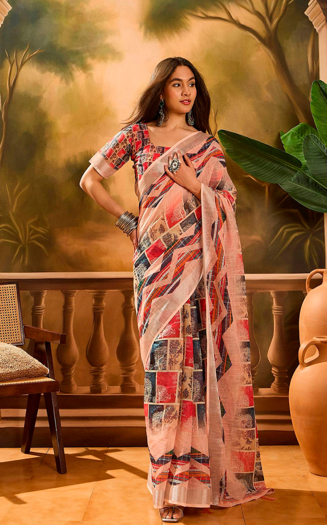 Red Floral Linen Cotton Saree with Beautiful Printed Border for Women