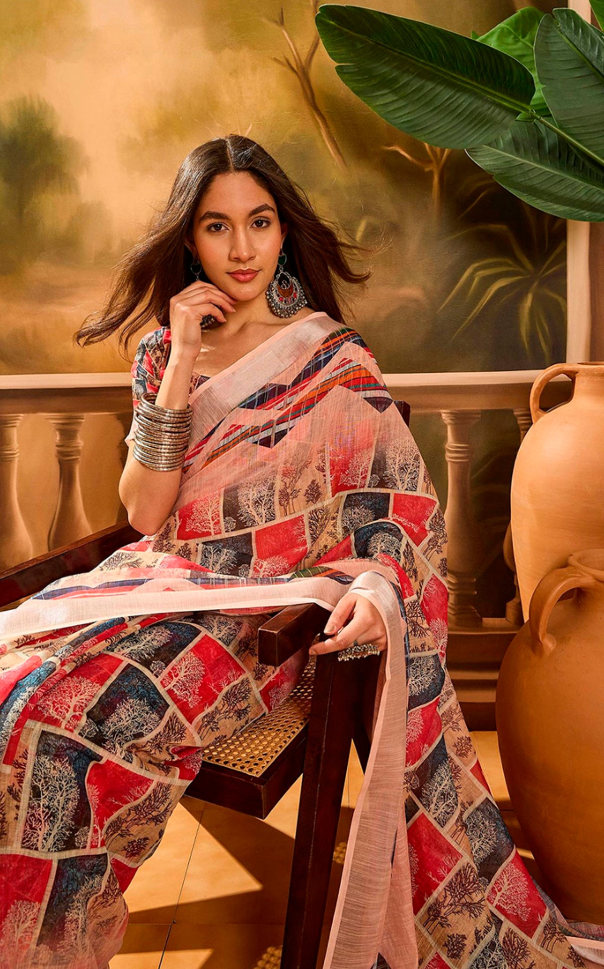Red Floral Linen Cotton Saree with Beautiful Printed Border for Women