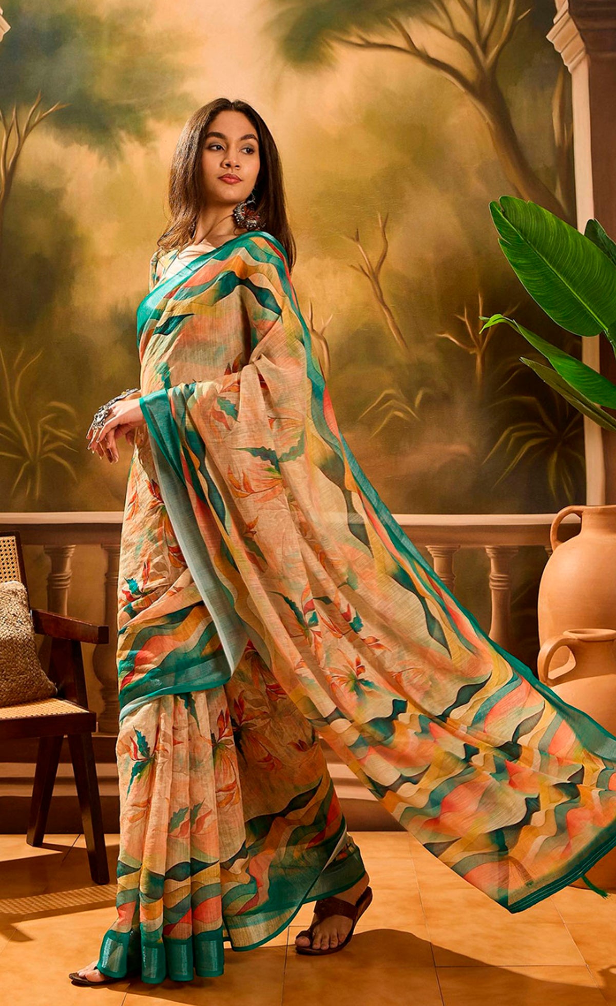 Peach Floral Linen Cotton Saree with Blue Border for Ladies for Women