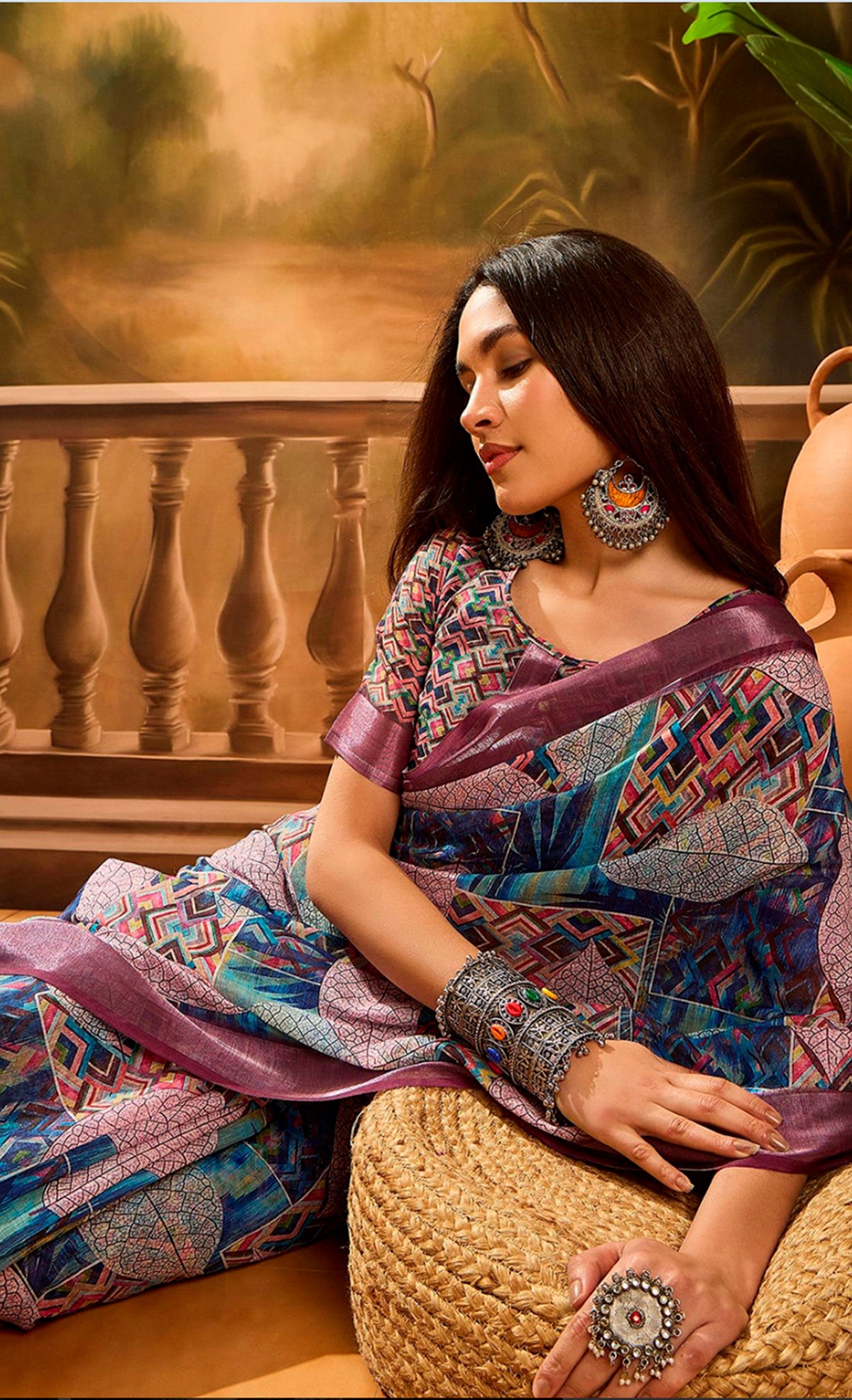 Multicolour Floral Linen Cotton Saree with Blue Border Look for Women