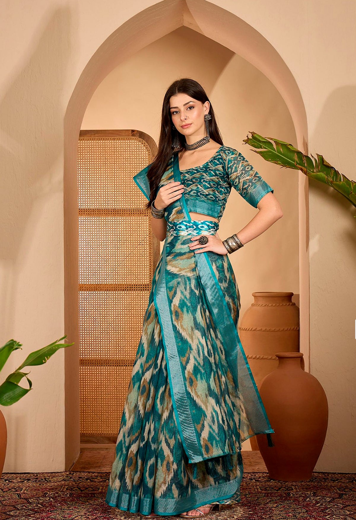 Teal Abstract Printed Linen Cotton Saree with Blouse for Women