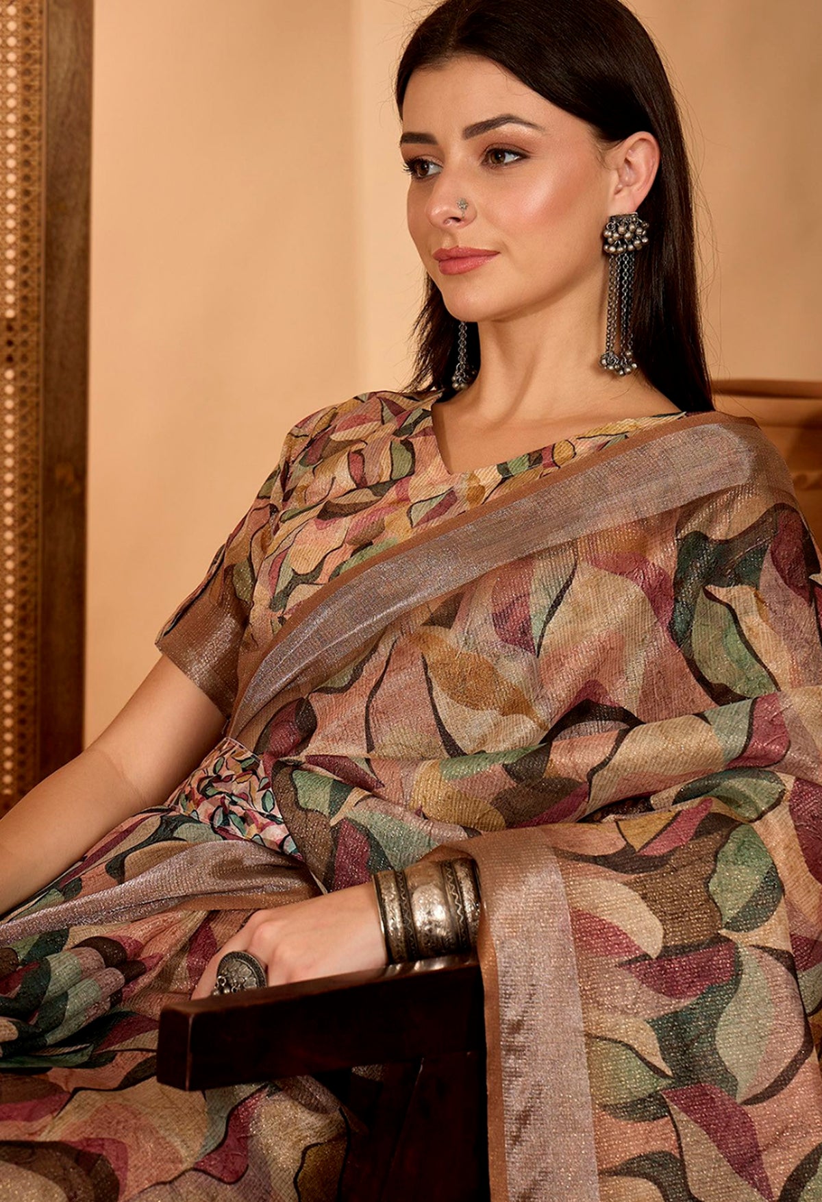Beige Leaf Printed Linen Cotton Saree with Blouse for Women