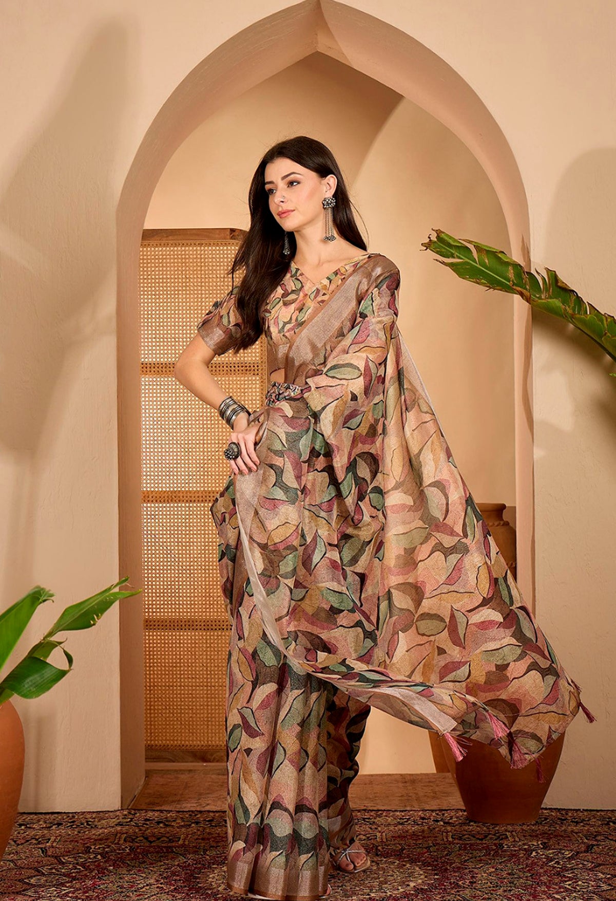 Beige Leaf Printed Linen Cotton Saree with Blouse for Women