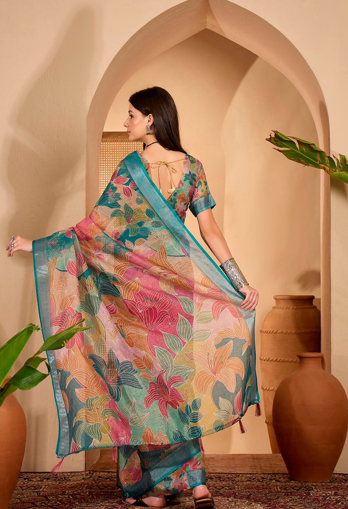 Teal Floral Printed Linen Cotton Saree with Blouse for Women