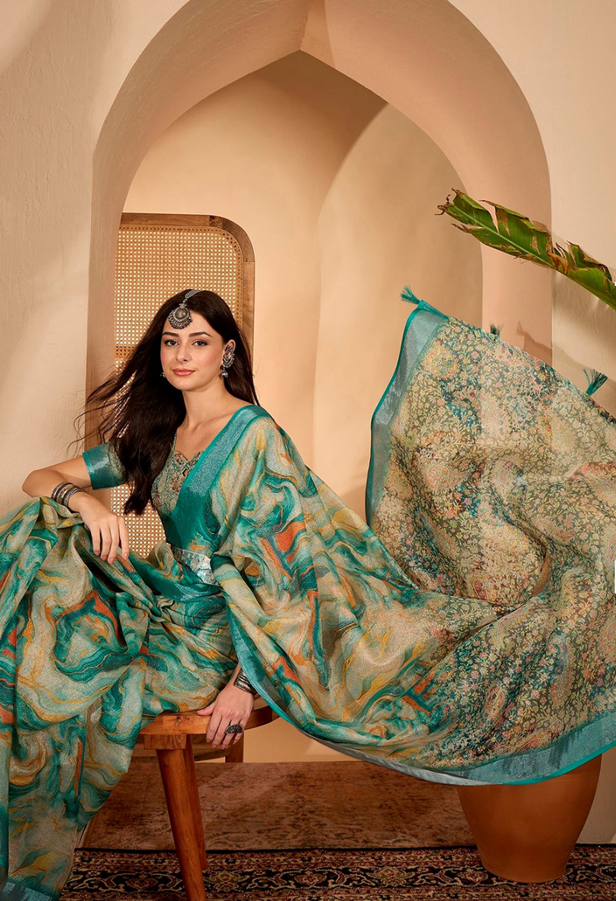 Teal Floral Print Linen Cotton Saree With Blouse for Women