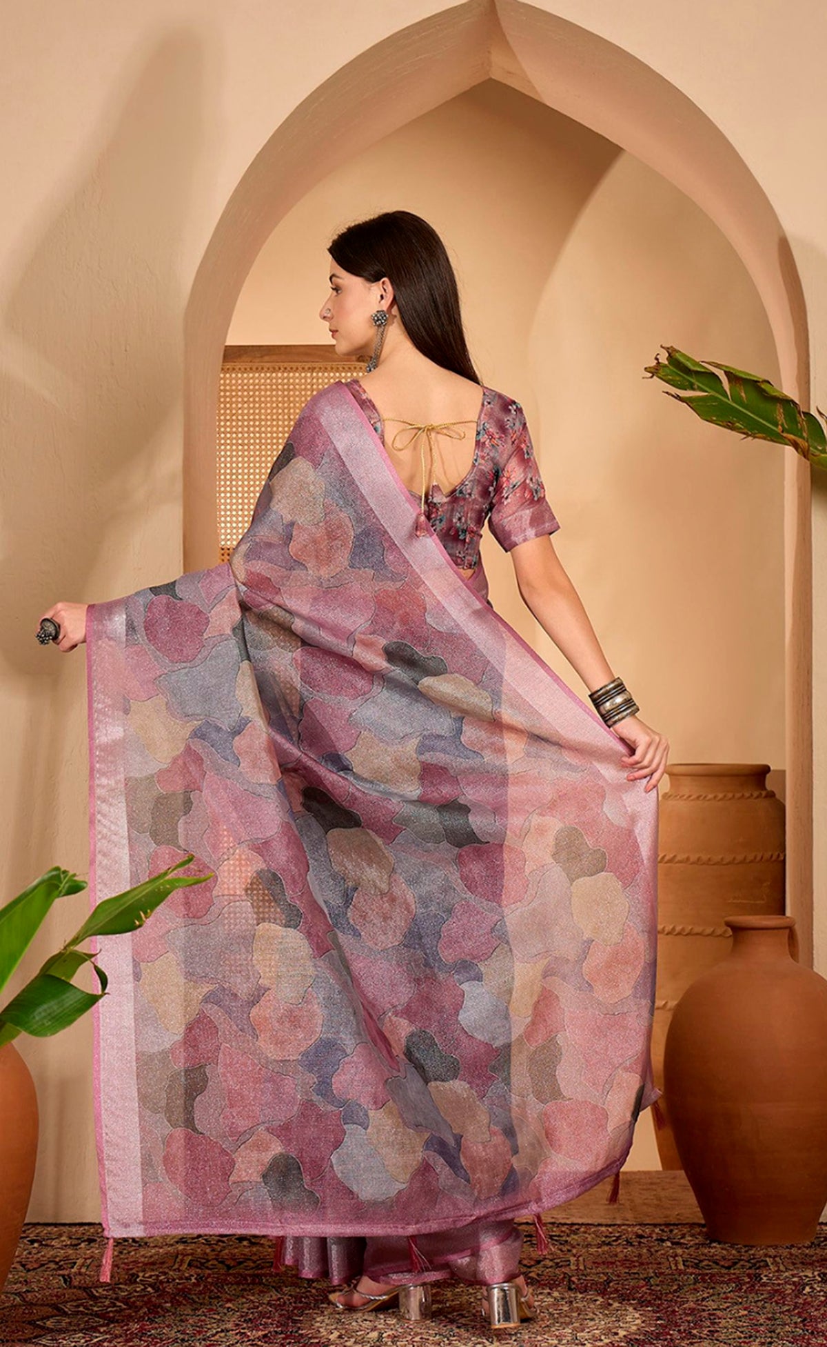 Mauve Floral Print Linen Cotton Saree with Blouse for Women