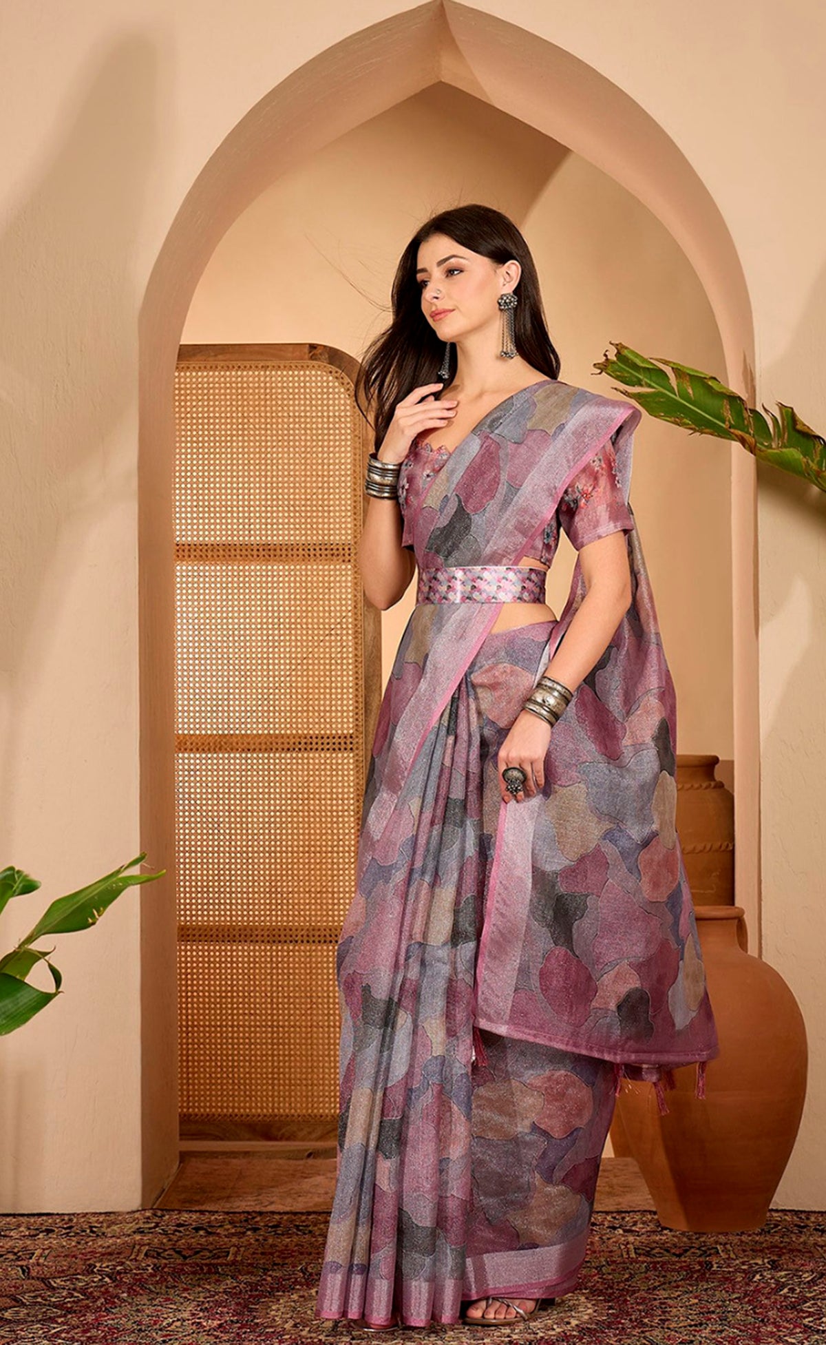 Mauve Floral Print Linen Cotton Saree with Blouse for Women