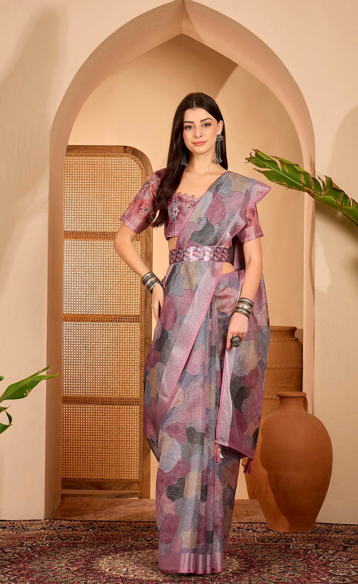 Mauve Floral Print Linen Cotton Saree with Blouse for Women