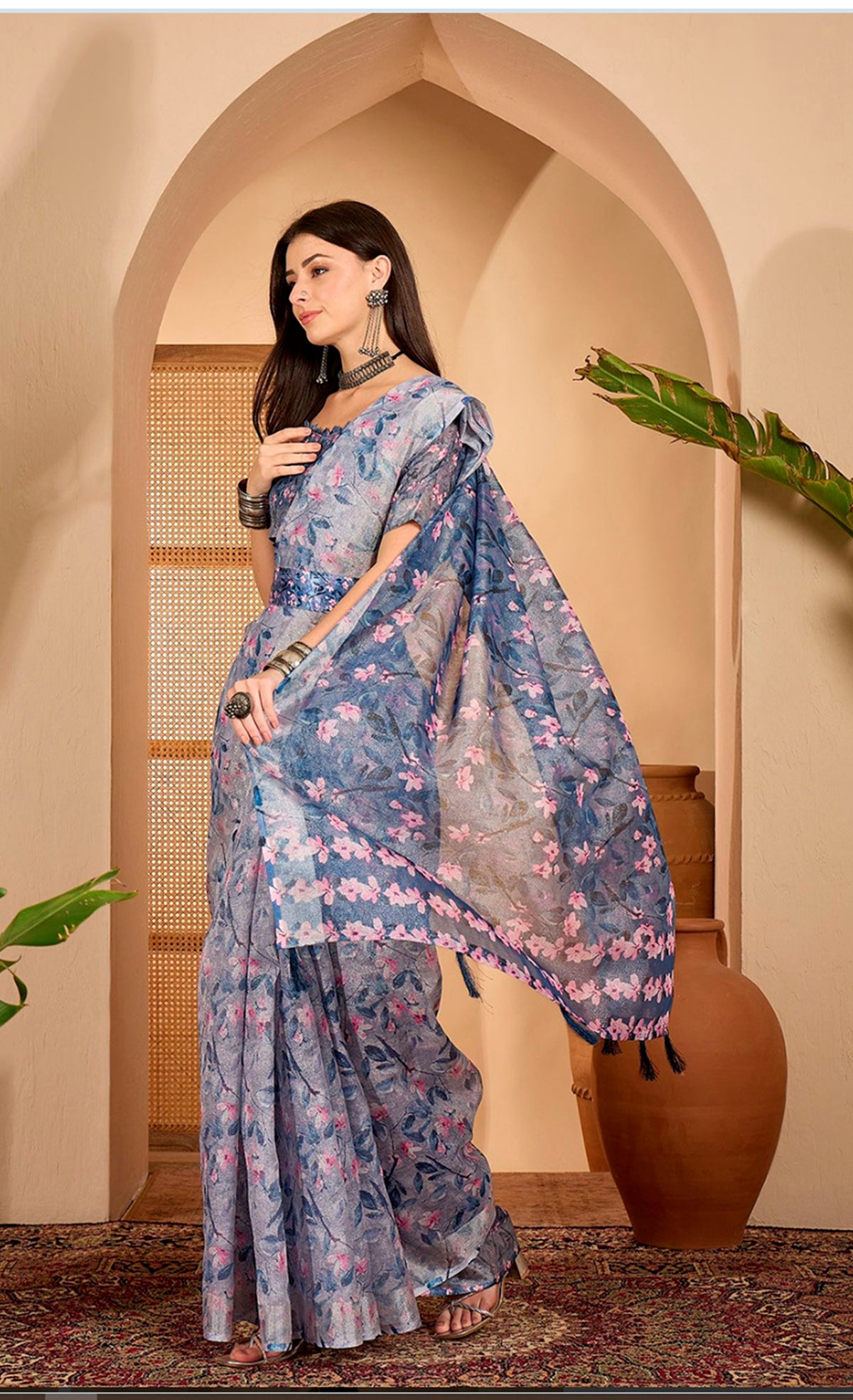 Blue Floral Print Linen Cotton Saree with Blouse for Women