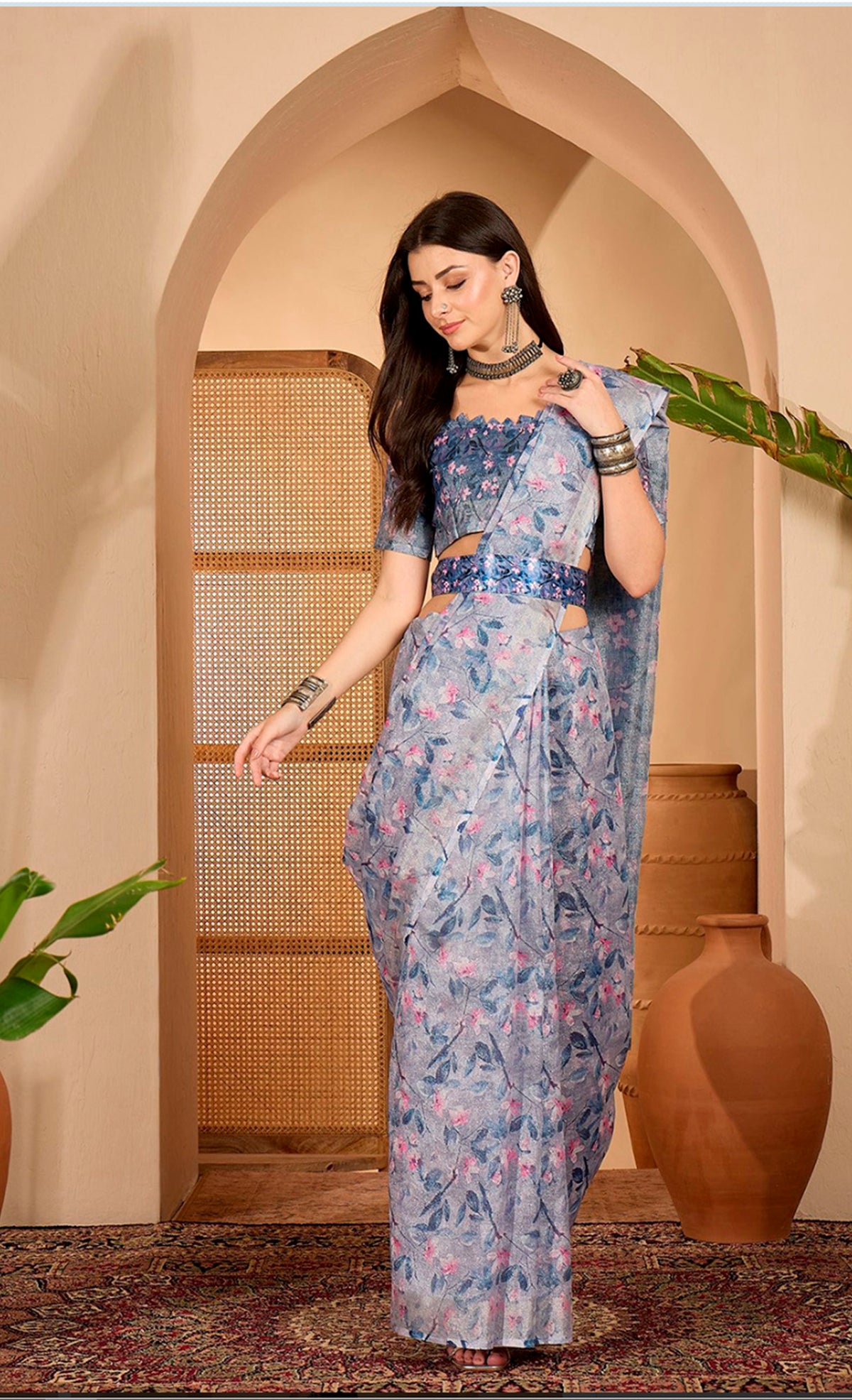 Blue Floral Print Linen Cotton Saree with Blouse for Women
