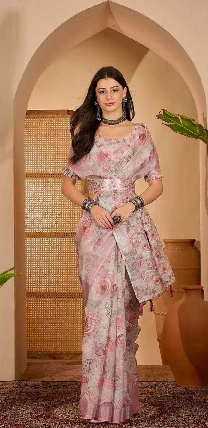 Pink Floral Print Linen Cotton Saree with Blouse 2 for Women