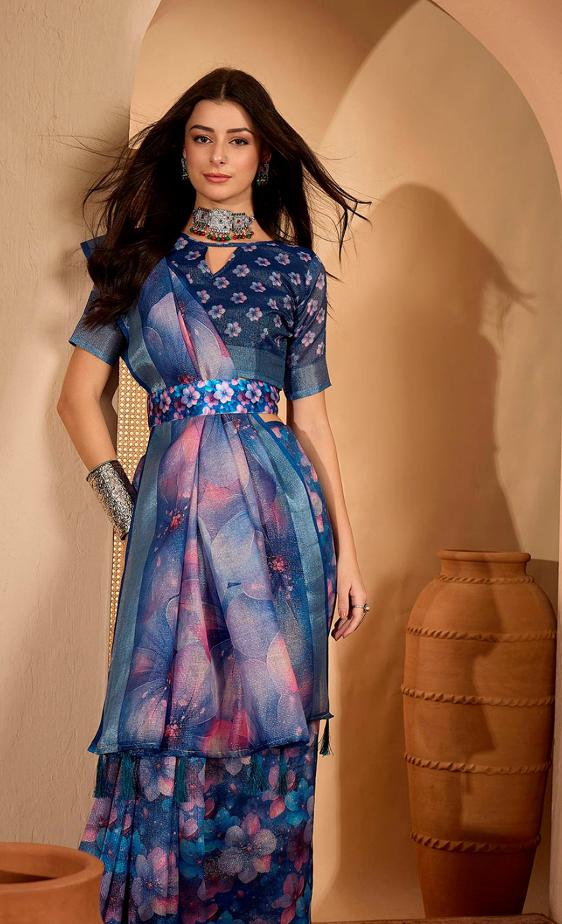 Blue Floral Print Linen Cotton Saree with Blouse ™ for Women