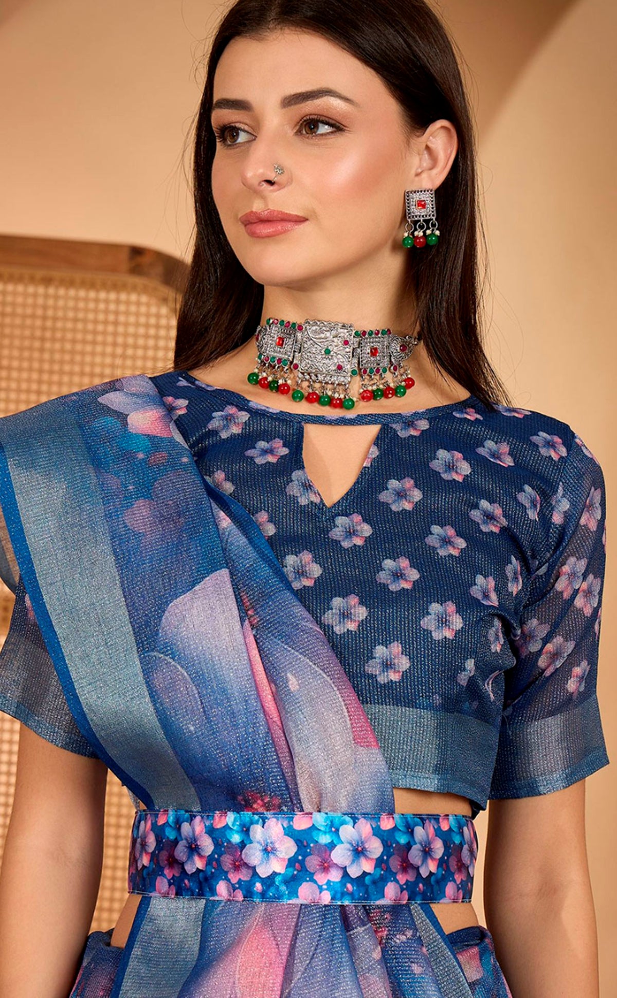 Blue Floral Print Linen Cotton Saree with Blouse ™ for Women