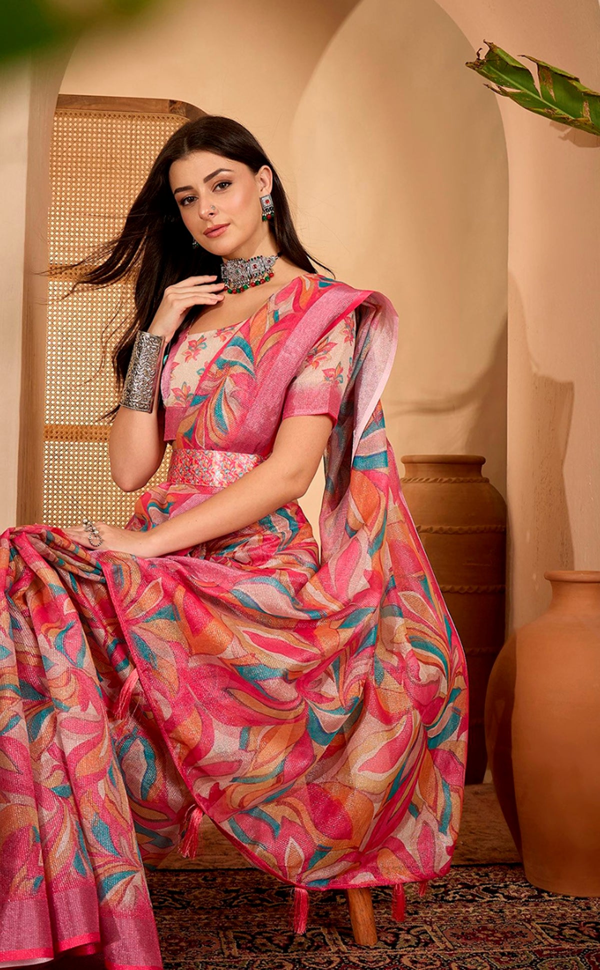 Pink Multicolor Floral Print Linen Cotton Saree ™ for Women