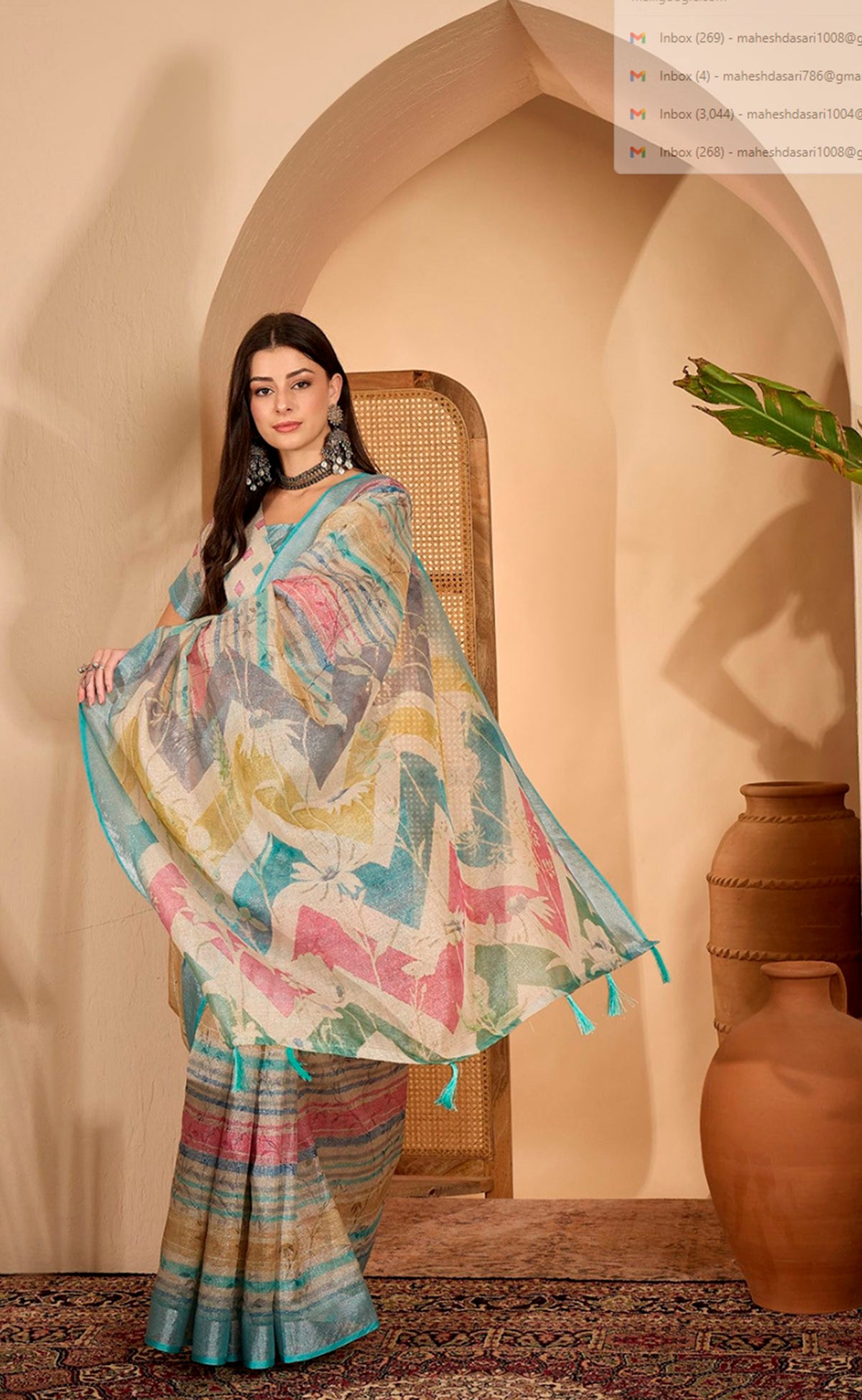 Multicolor Floral Linen Cotton Saree with Blouse for Women