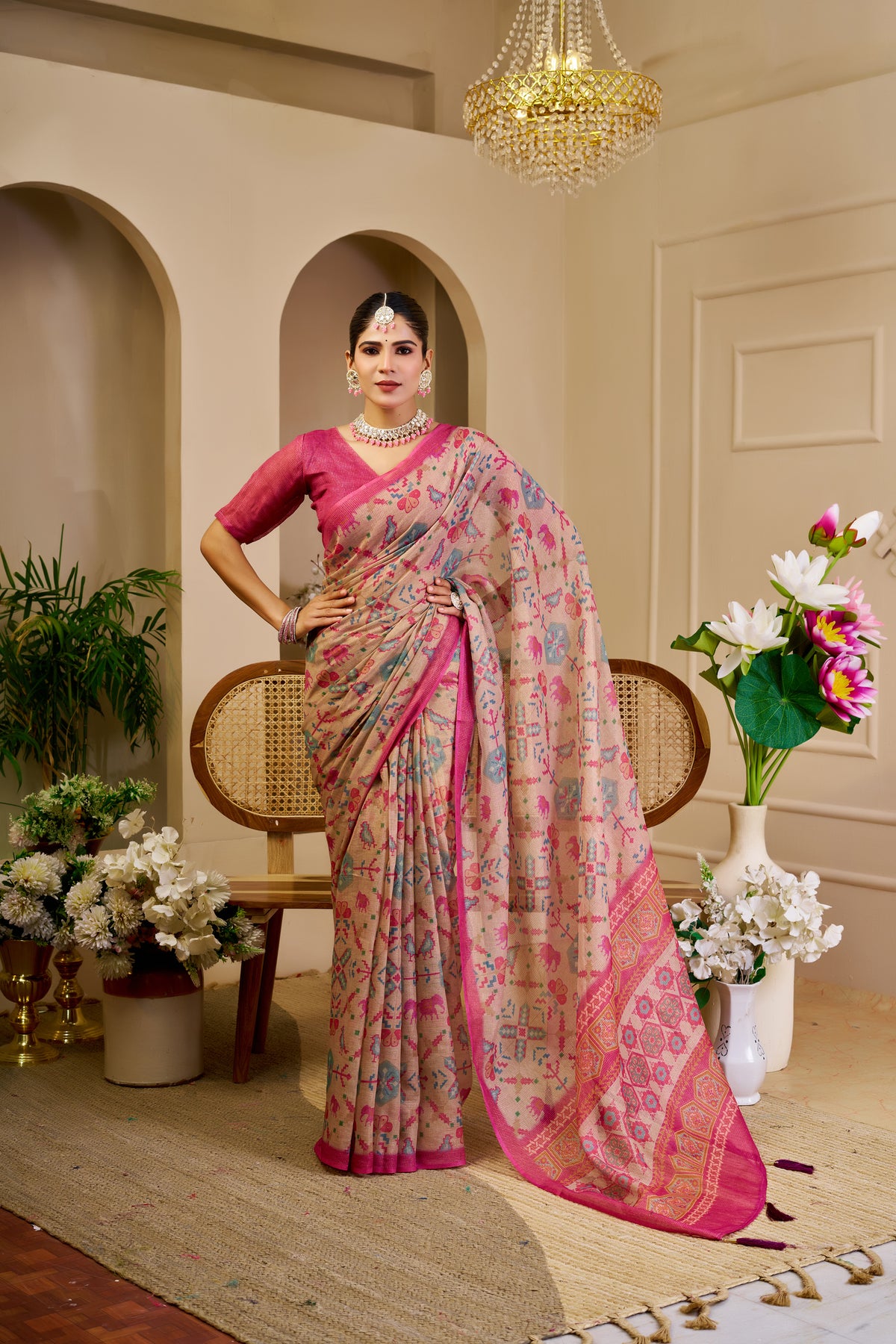 Tissue Handloom Cotton Saree with Zari Weave & Floral Print for Women
