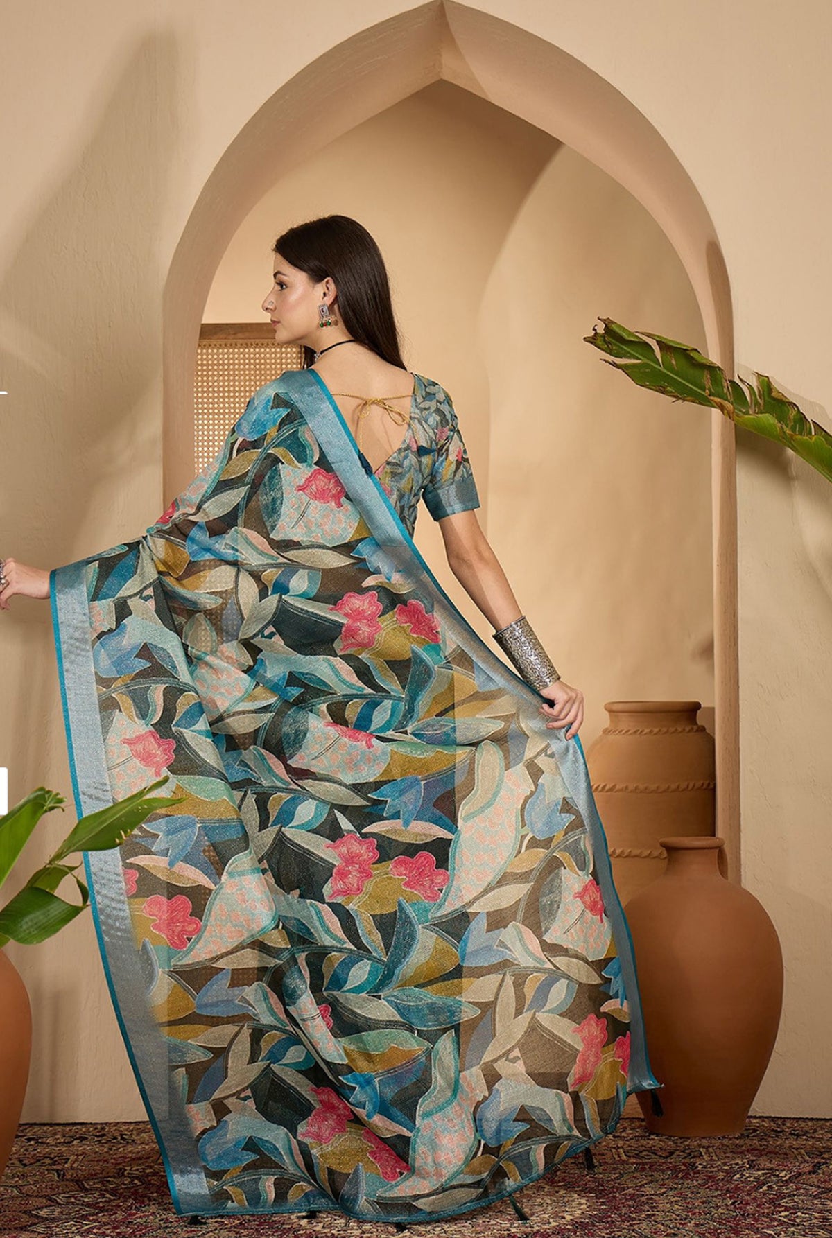 Teal Floral Linen Cotton Saree With Blue Border by Women for Women