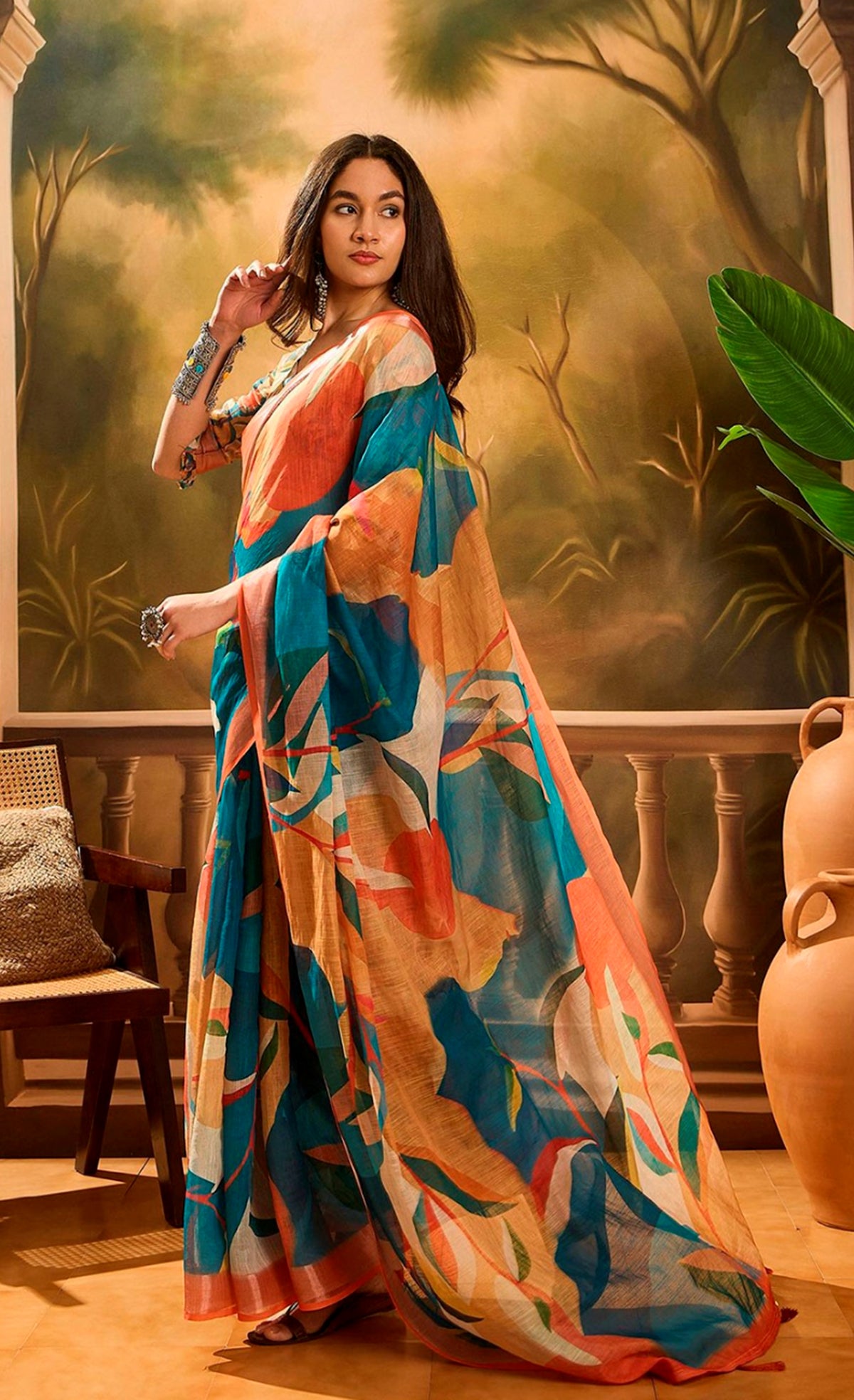 Teal Orange Floral Linen Cotton Saree With Blouse for Women