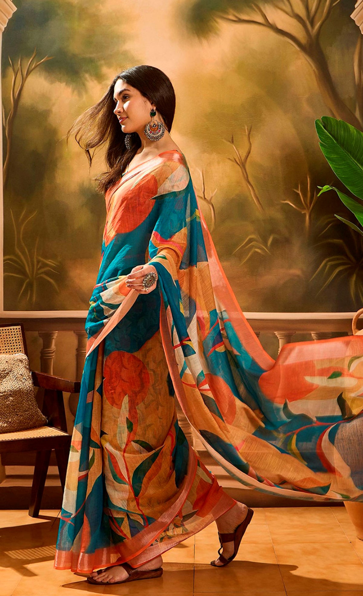 Teal Orange Floral Linen Cotton Saree With Blouse for Women