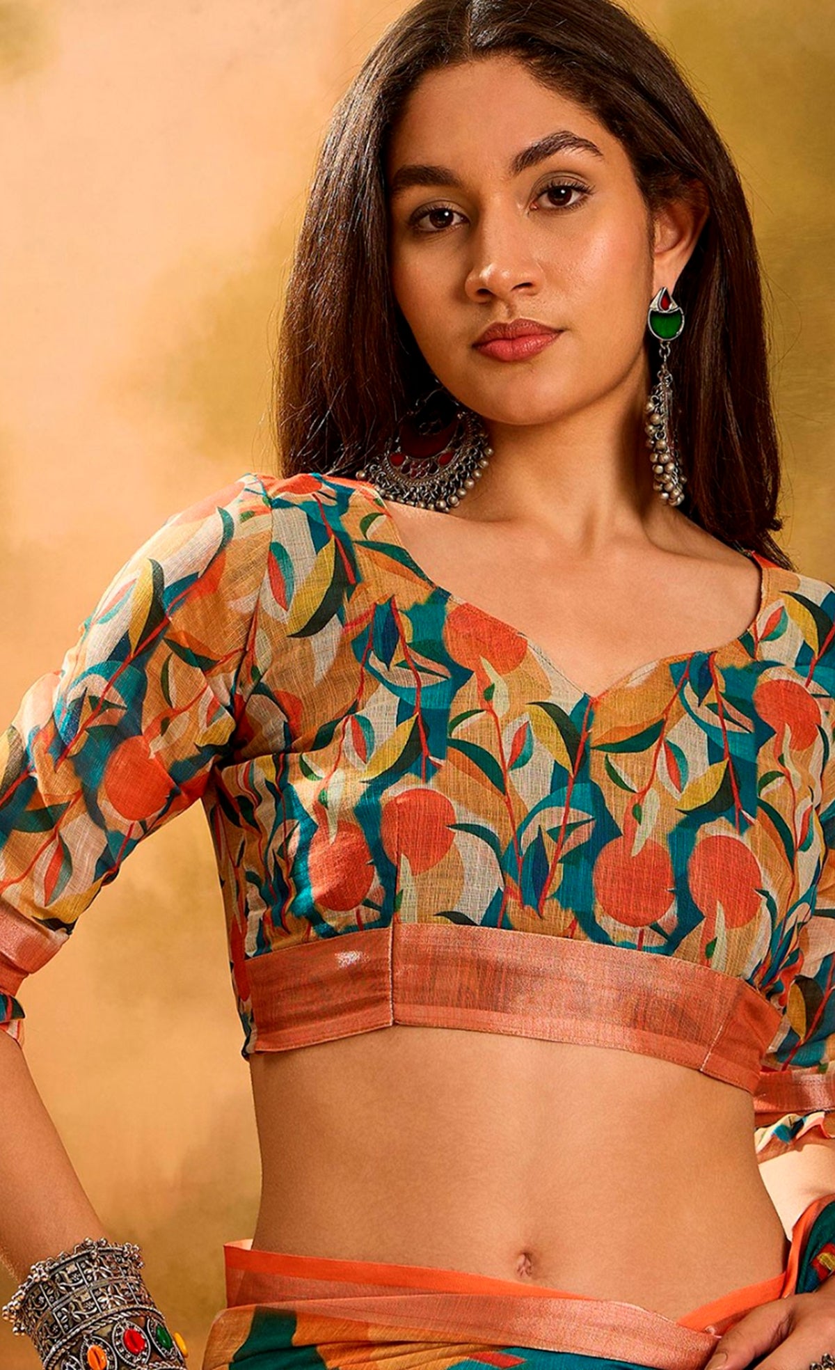 Teal Orange Floral Linen Cotton Saree With Blouse for Women